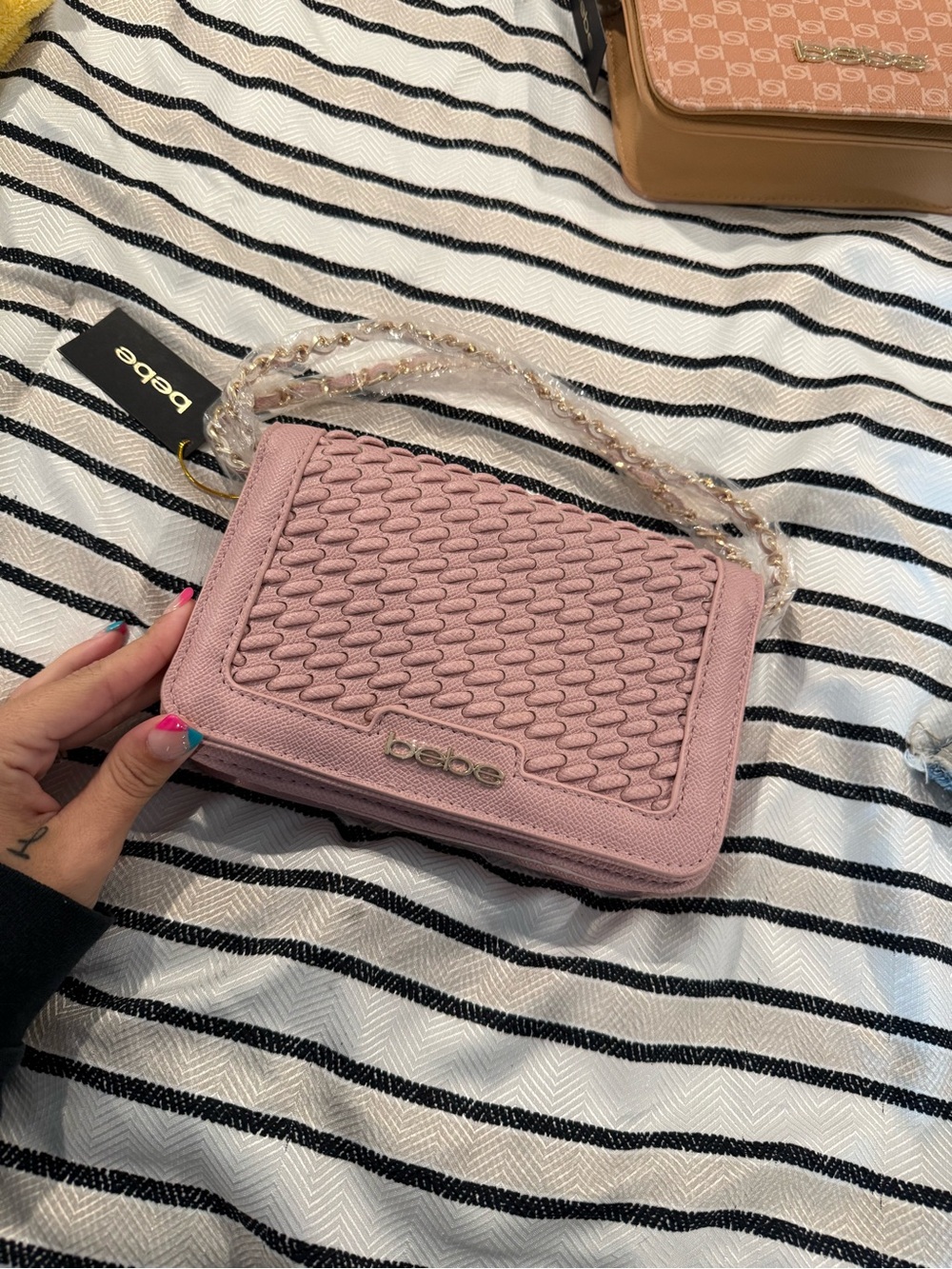 bebe Pink Quilted Shoulder Bag with Gold Chain